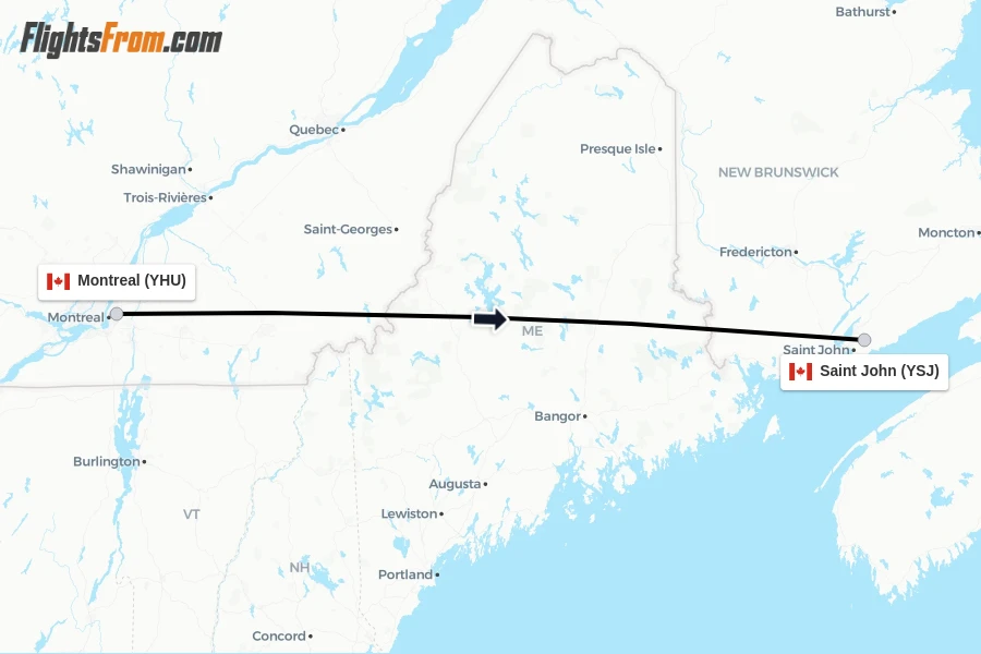 Flights from Montreal to Saint John route map