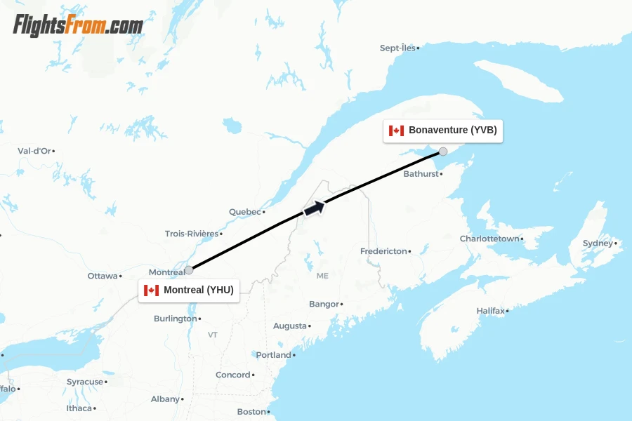 Flights from Montreal to Bonaventure route map