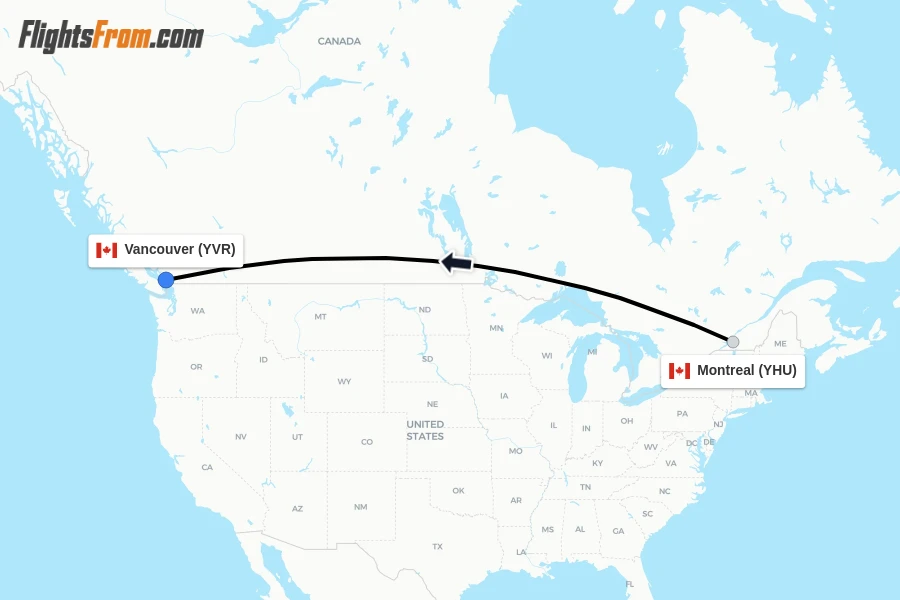 Flights from Montreal to Vancouver route map