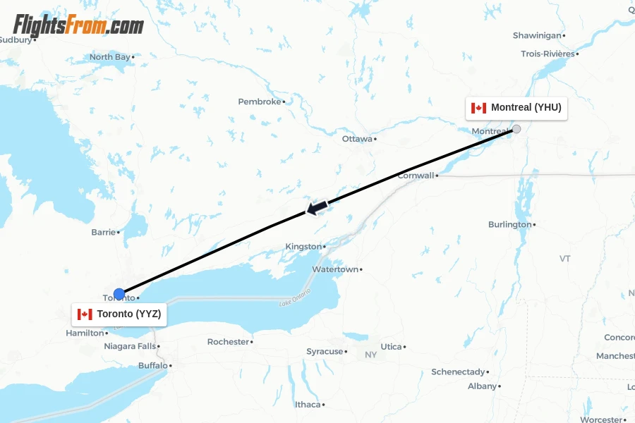 Flights from Montreal to Toronto route map