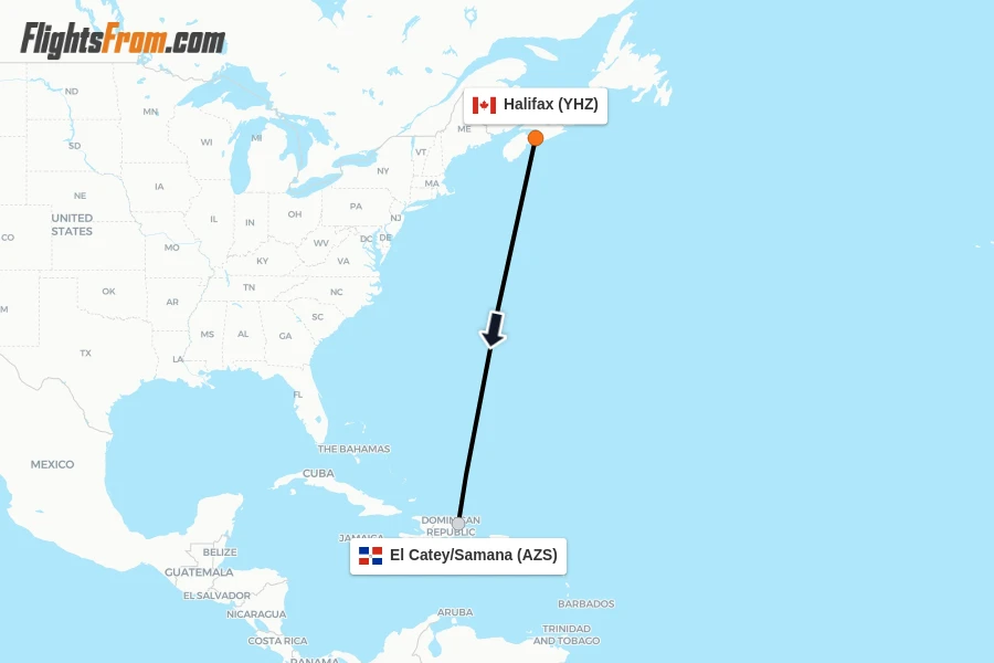 Flights from Halifax to El Catey/Samana route map