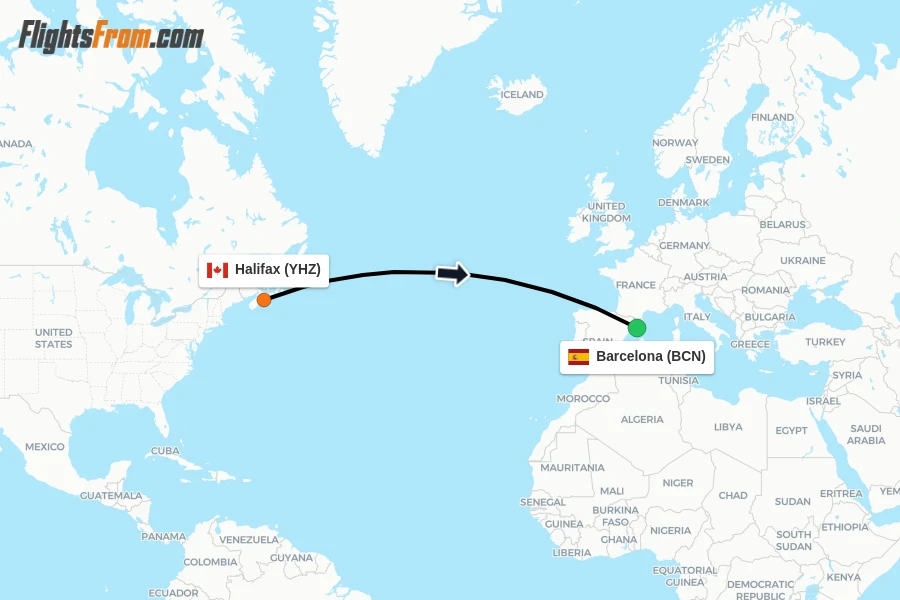 Flights from Halifax to Barcelona route map