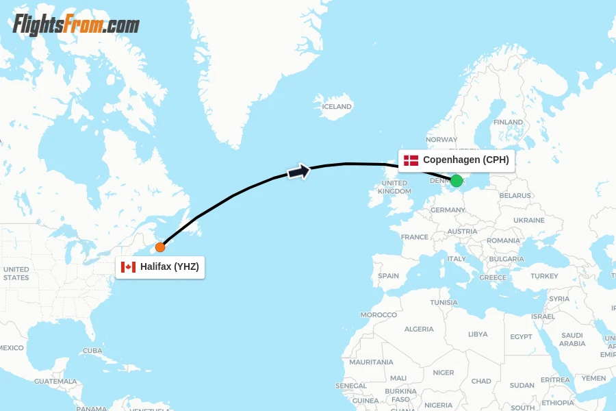 Flights from Halifax to Copenhagen route map
