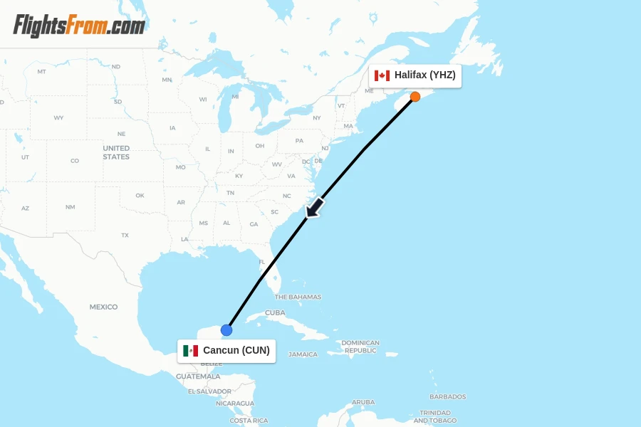 Flights from Halifax to Cancun route map