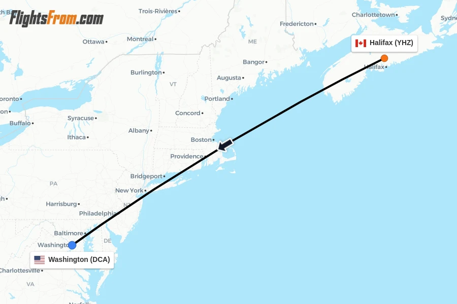 Flights from Halifax to Washington route map