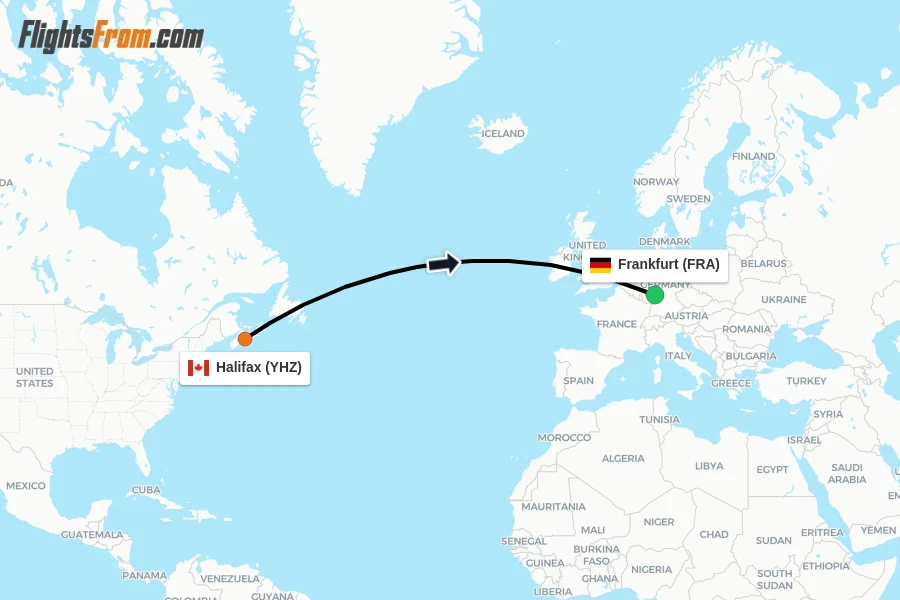 Flights from Halifax to Frankfurt route map