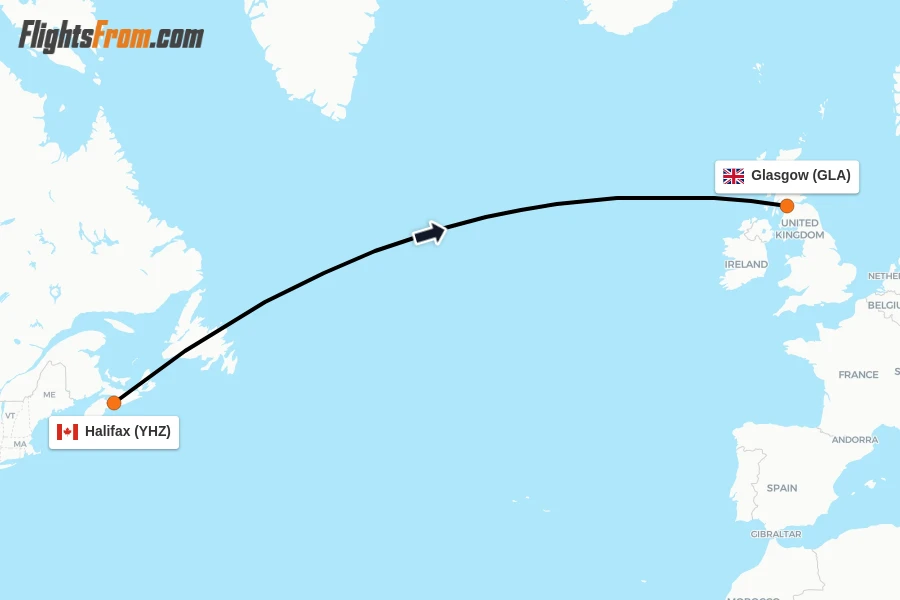 Flights from Halifax to Glasgow route map