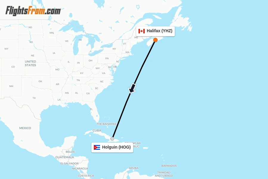 Flights from Halifax to Holguin route map