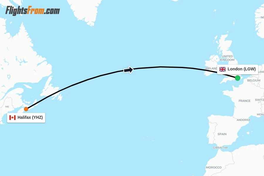 Flights from Halifax to London route map