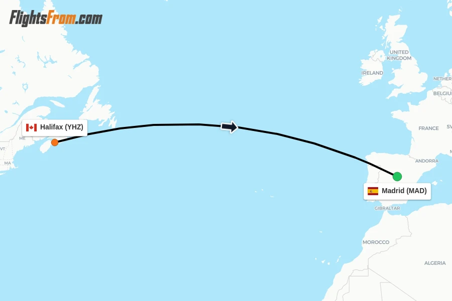 Flights from Halifax to Madrid route map