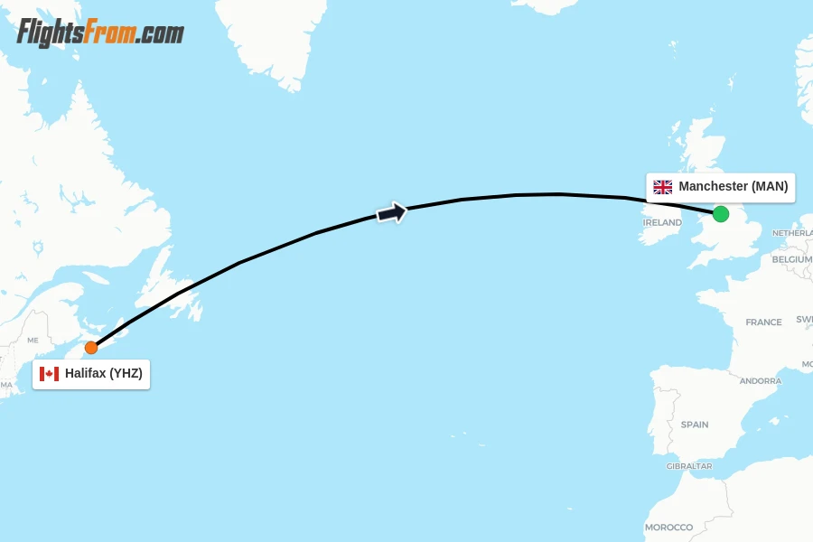 Flights from Halifax to Manchester route map
