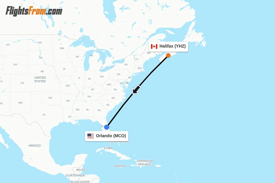 Flights from Halifax to Orlando route map
