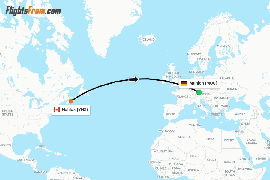Flights from Halifax to Munich route map