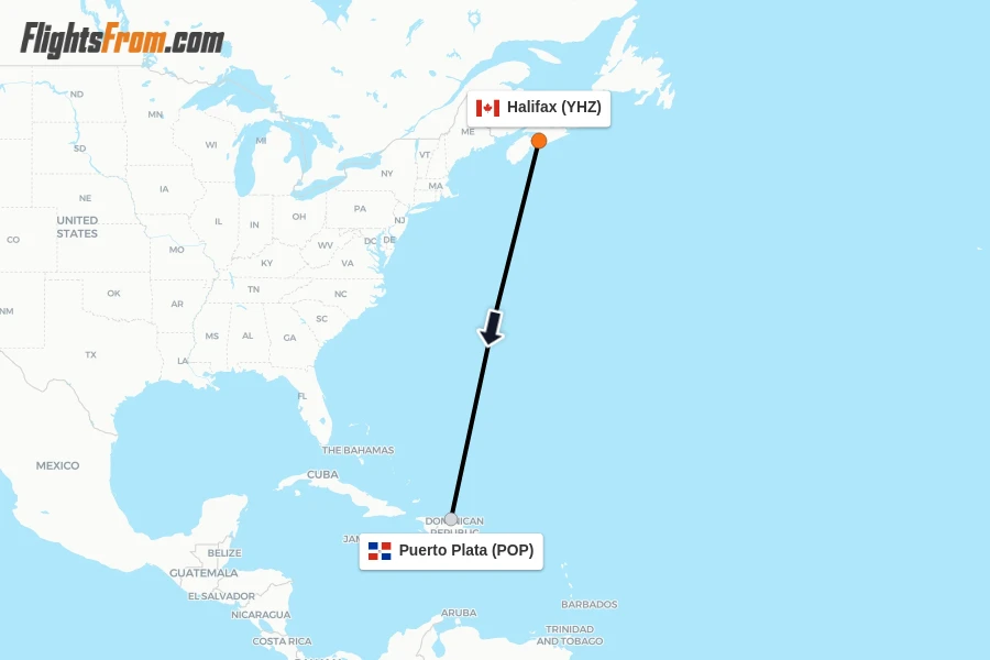 Flights from Halifax to Puerto Plata route map