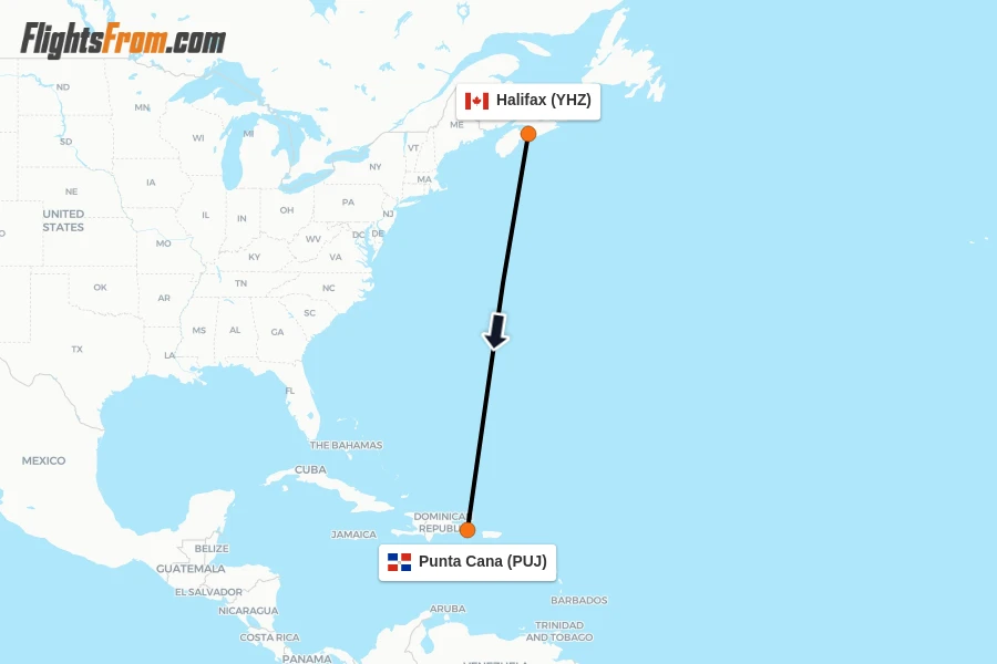 Flights from Halifax to Punta Cana route map