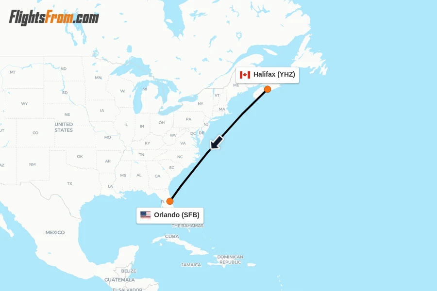 Flights from Halifax to Orlando route map