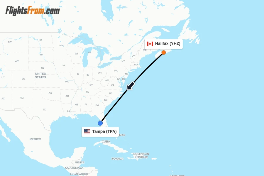 Flights from Halifax to Tampa route map