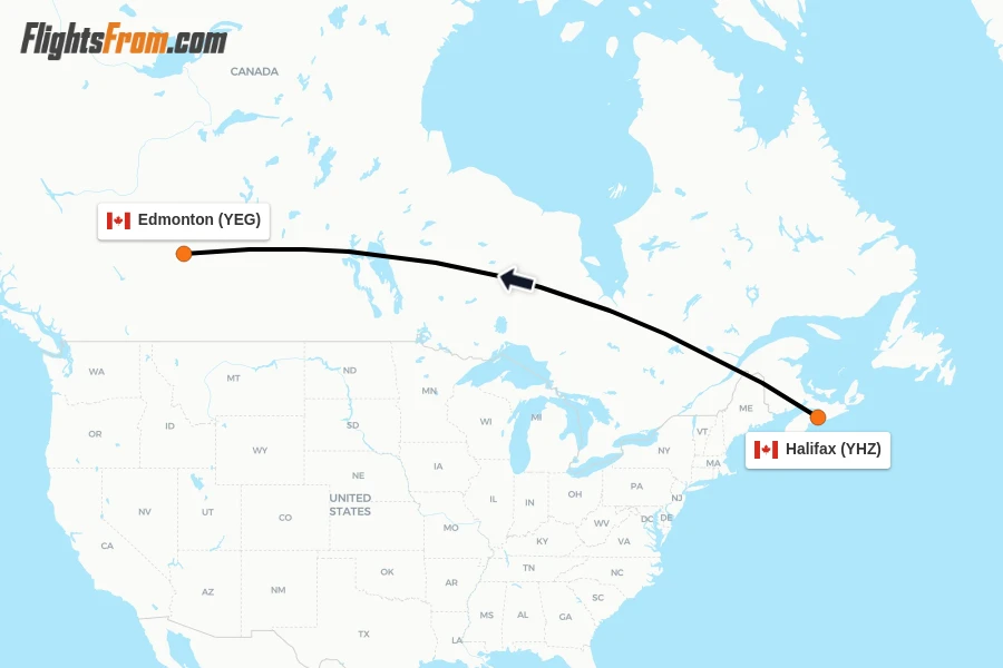 Flights from Halifax to Edmonton route map