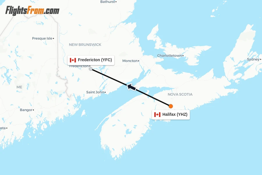 Flights from Halifax to Fredericton route map