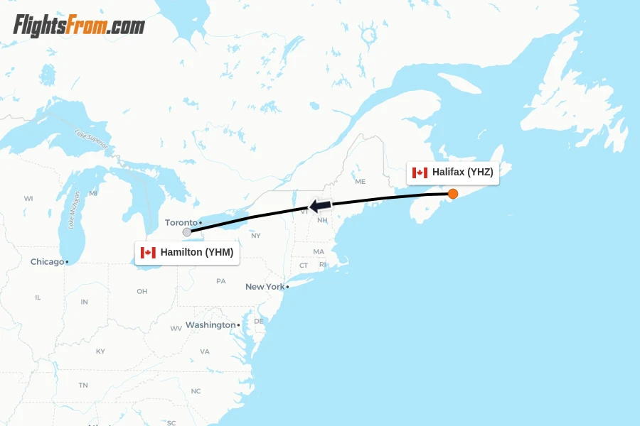 Flights from Halifax to Hamilton route map