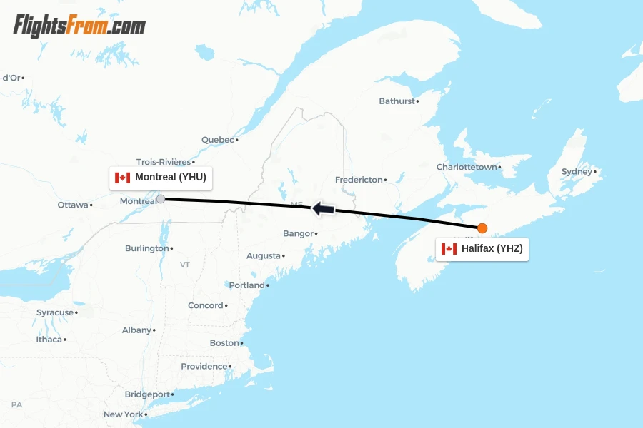 Flights from Halifax to Montreal route map