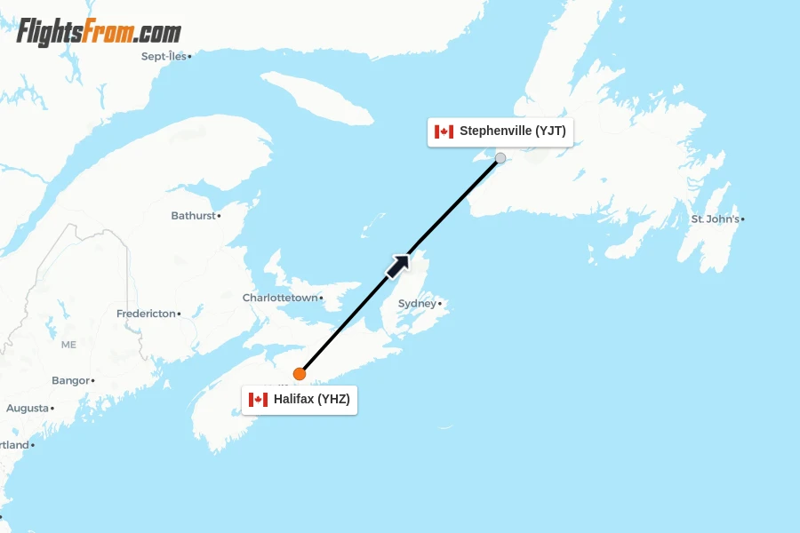 Flights from Halifax to Stephenville route map