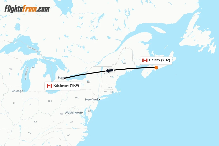 Flights from Halifax to Kitchener route map
