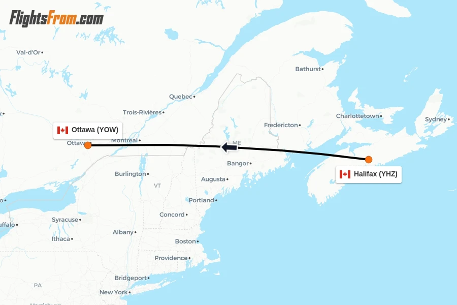Flights from Halifax to Ottawa route map