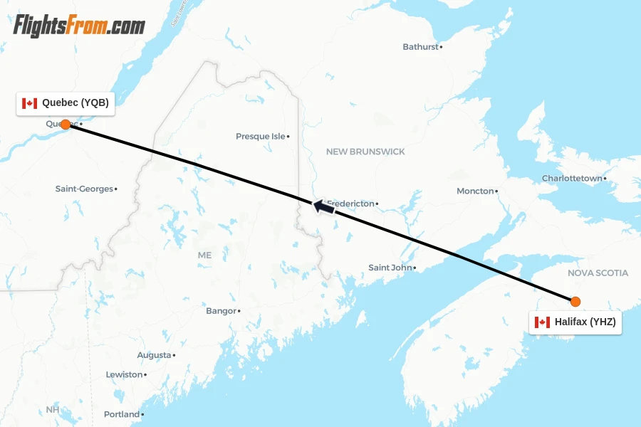 Flights from Halifax to Quebec route map