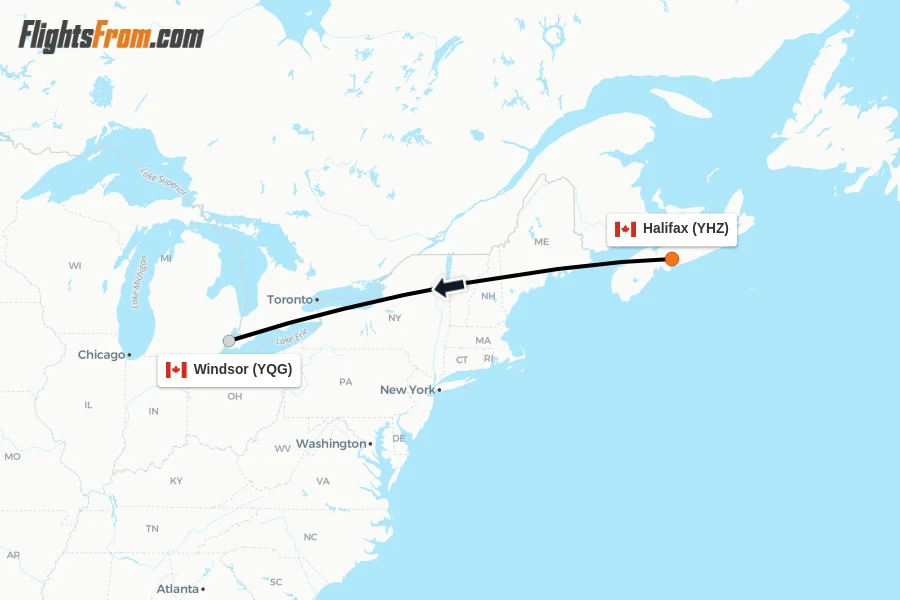 Flights from Halifax to Windsor route map