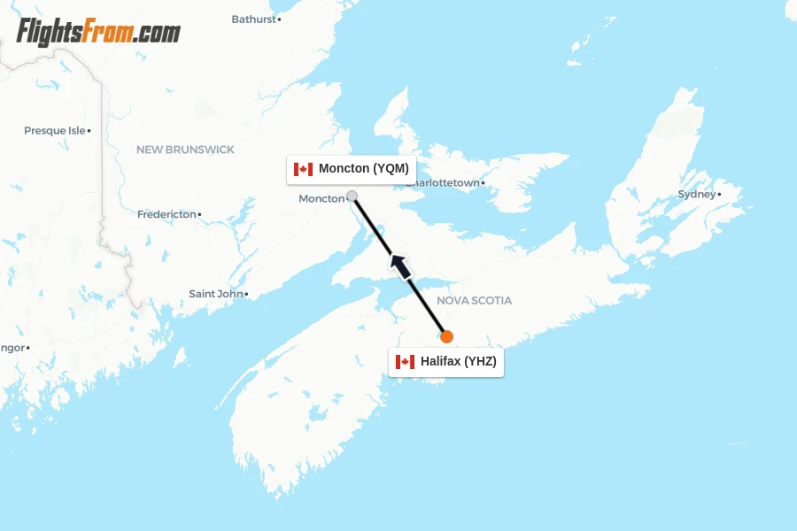 Flights from Halifax to Moncton route map