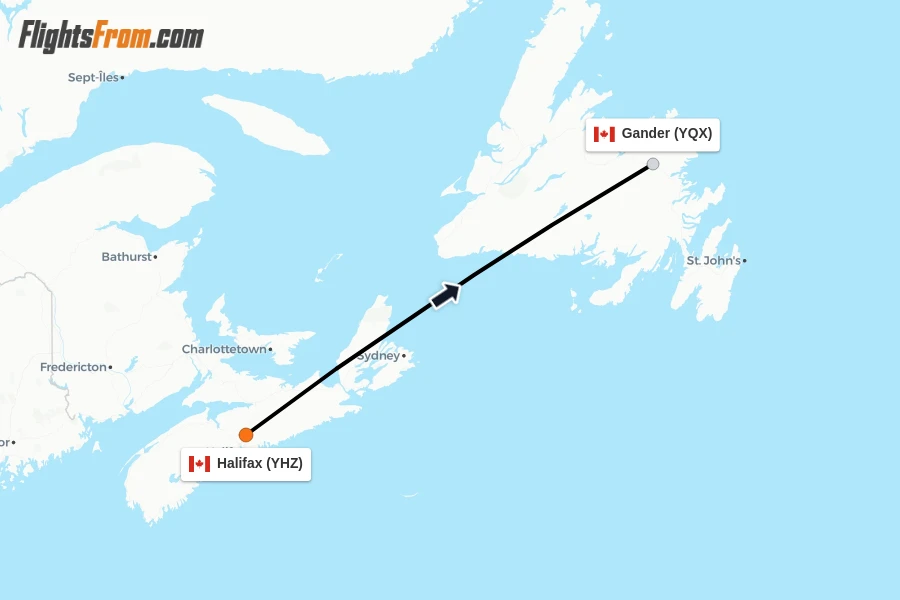 Flights from Halifax to Gander route map