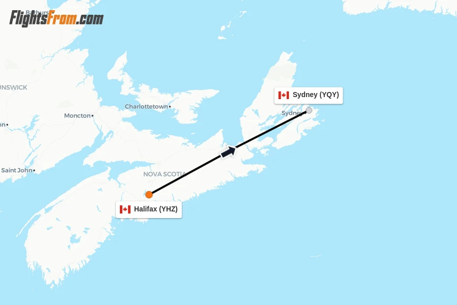 Flights from Halifax to Sydney route map