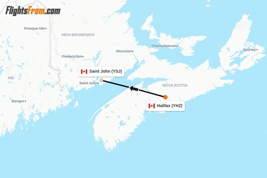 Flights from Halifax to Saint John route map