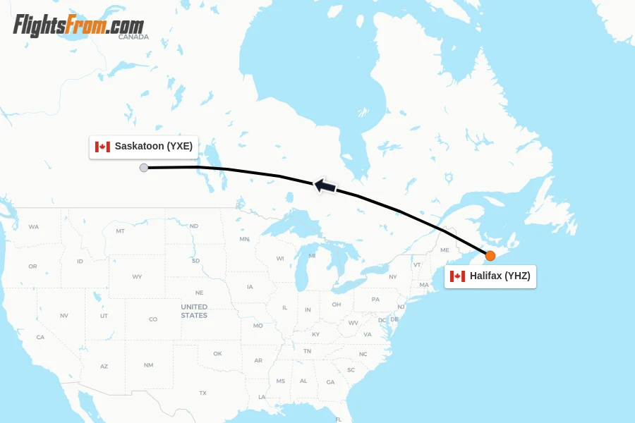 Flights from Halifax to Saskatoon route map