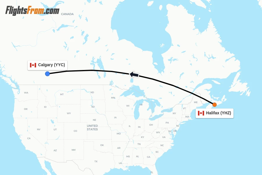 Flights from Halifax to Calgary route map