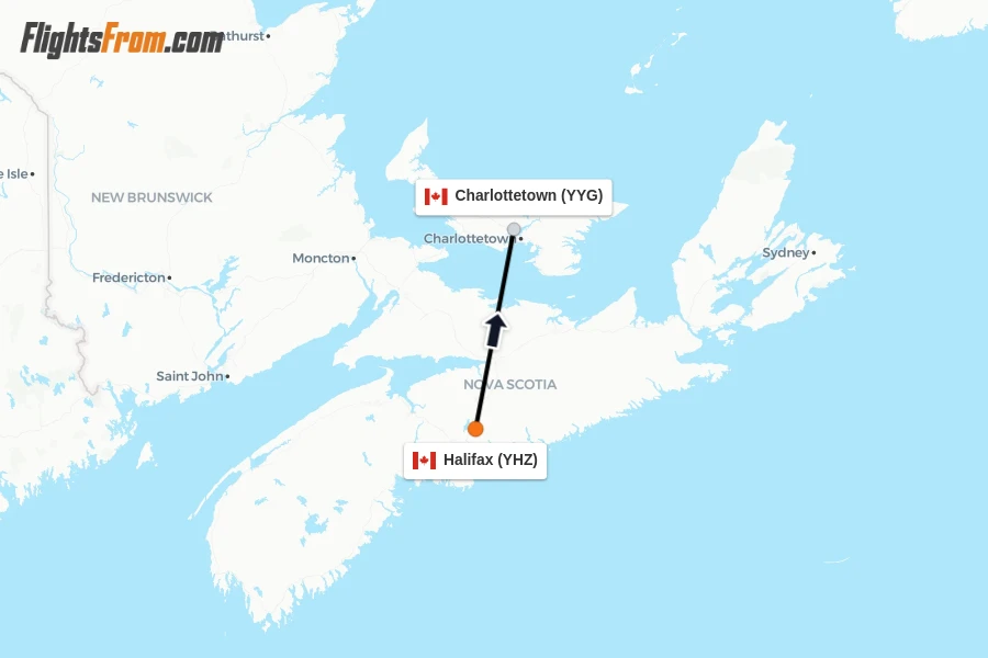 Flights from Halifax to Charlottetown route map