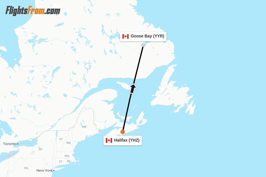 Flights from Halifax to Goose Bay route map