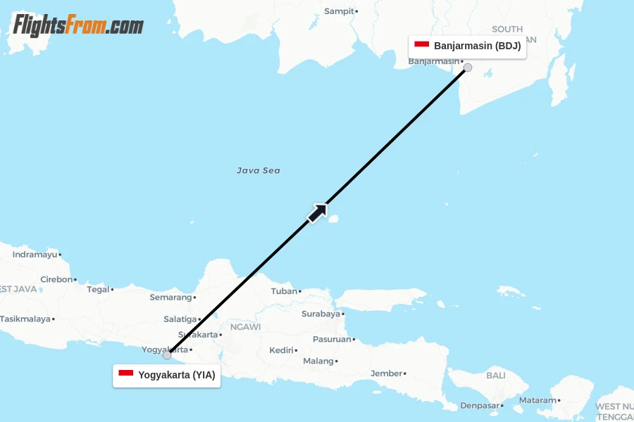 Flights from Yogyakarta to Banjarmasin route map