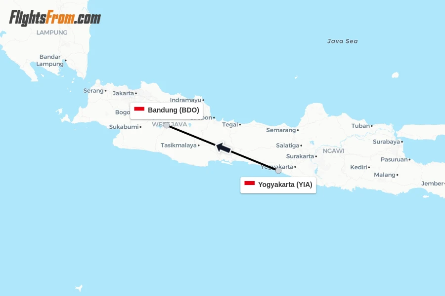 Flights from Yogyakarta to Bandung route map