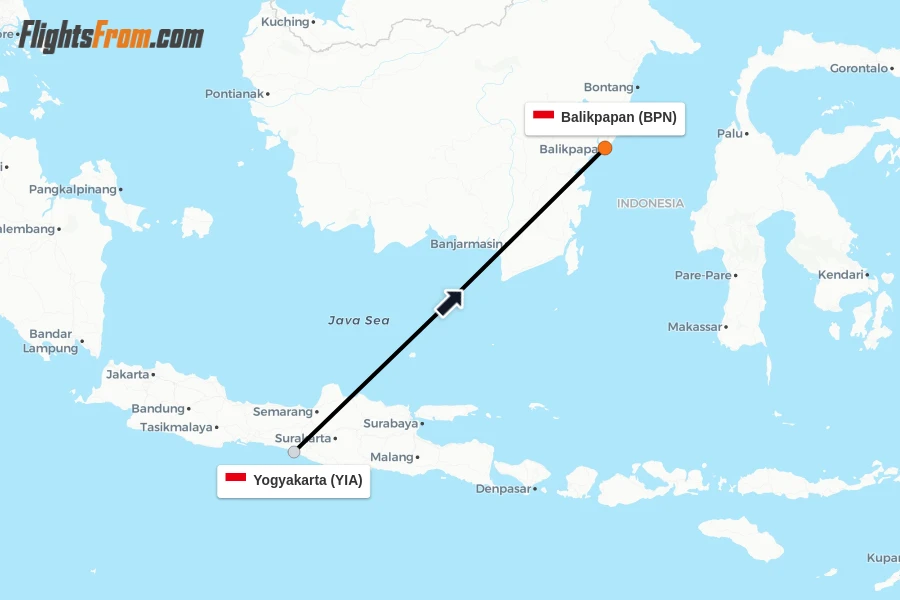 Flights from Yogyakarta to Balikpapan route map