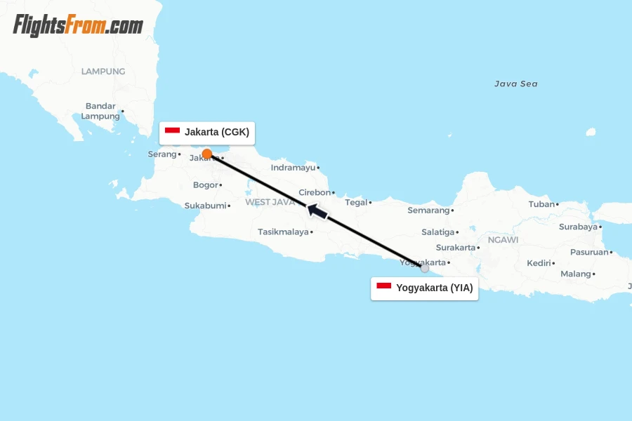 Flights from Yogyakarta to Jakarta route map