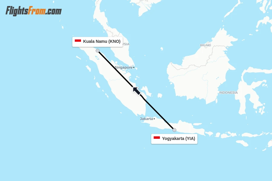 Flights from Yogyakarta to Kuala Namu route map