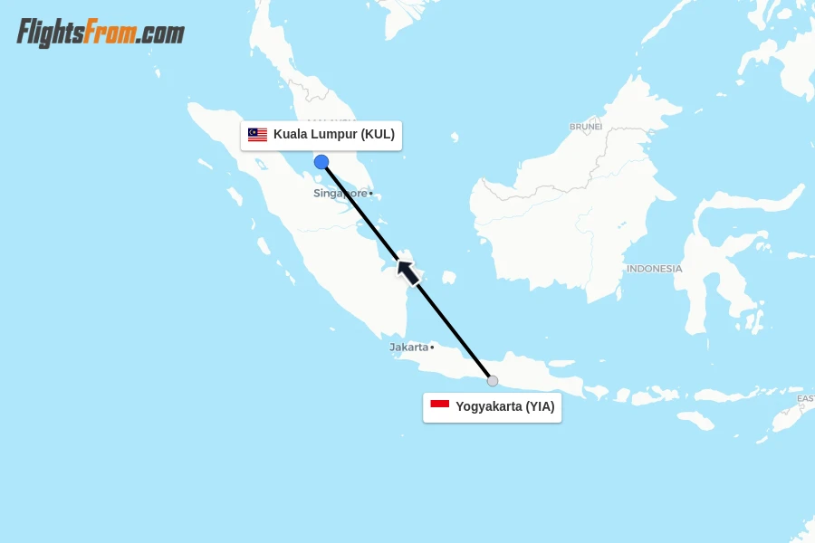 Flights from Yogyakarta to Kuala Lumpur route map