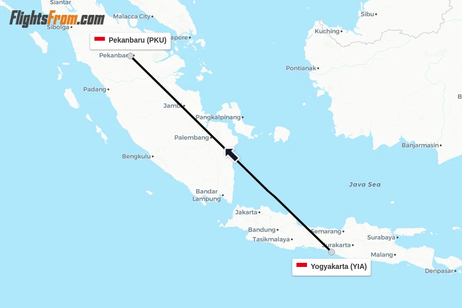 Flights from Yogyakarta to Pekanbaru route map