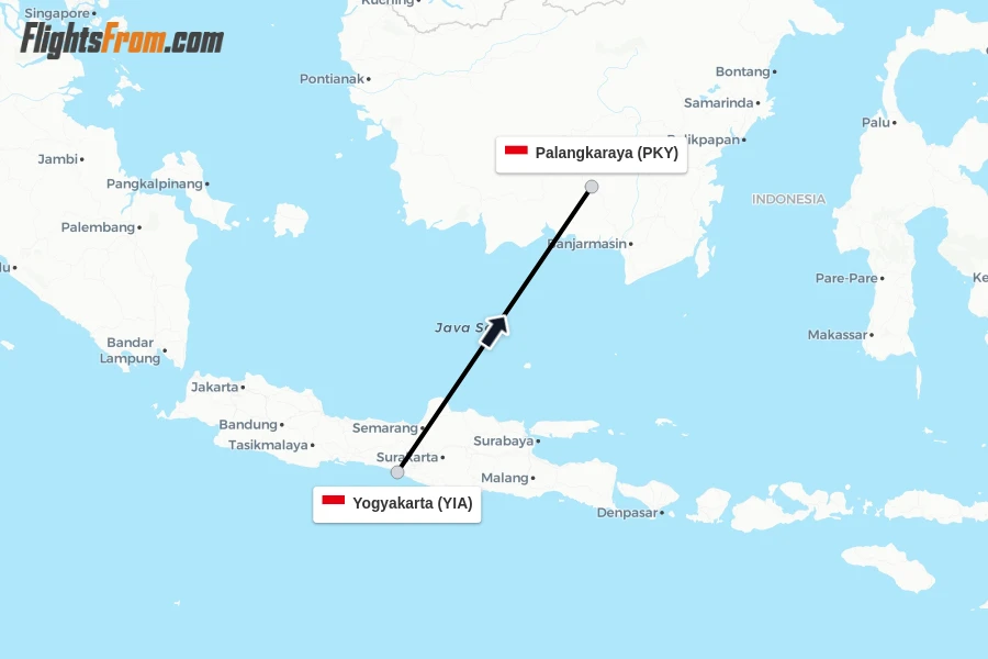 Flights from Yogyakarta to Palangkaraya route map
