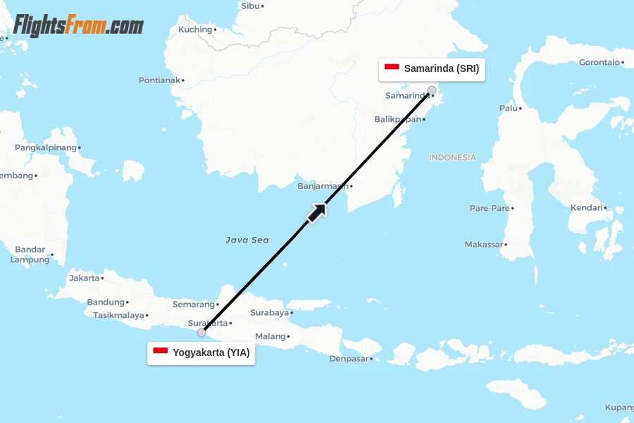 Flights from Yogyakarta to Samarinda route map