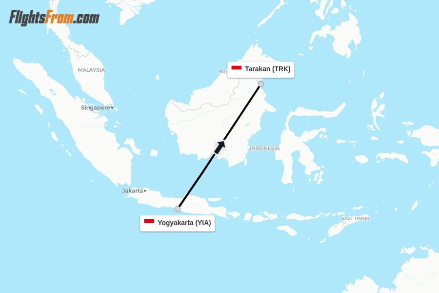 Flights from Yogyakarta to Tarakan route map