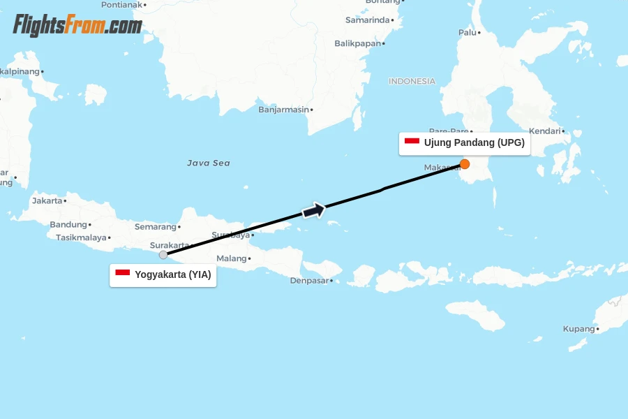 Flights from Yogyakarta to Ujung Pandang route map