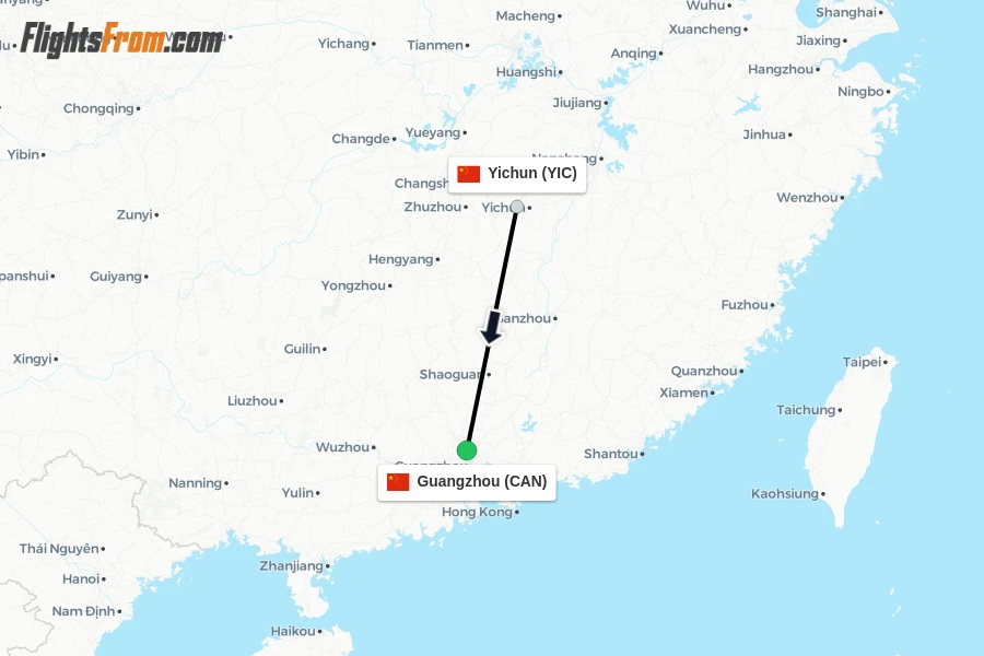 Flights from Yichun to Guangzhou route map